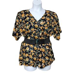 Vintage Rhythms Button Down Blouse Size 22 Black and Yellow Roses Print Rayon